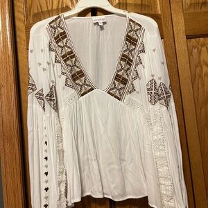 Shyanne White Blouse with Brown Embroidery